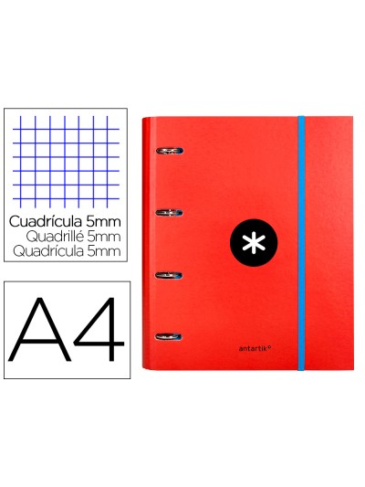 Carpeta con recambio antartik a4 cuadro 5mm forrada 4 anillas 40mm redondas con solapa color rojo