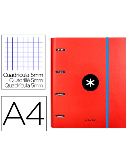 Carpeta con recambio antartik a4 cuadro 5mm forrada 4 anillas 40mm redondas con solapa color rojo