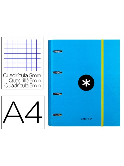 Carpeta con recambio antartik a4 cuadro 5mm forrada 4 anillas 40mm redondas con solapa color azul