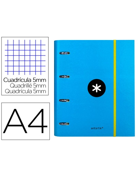 Carpeta con recambio antartik a4 cuadro 5mm forrada 4 anillas 40mm redondas con solapa color azul