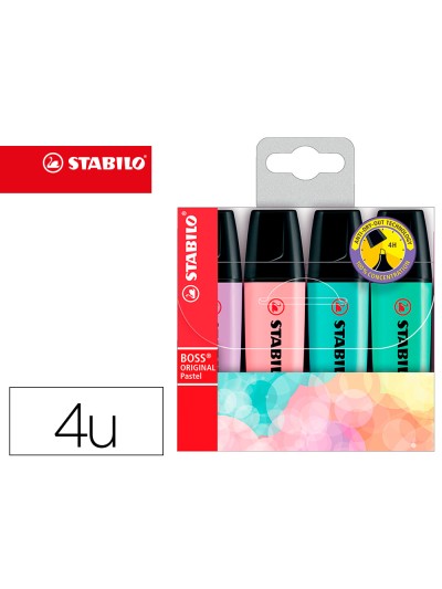Rotulador stabilo boss pastel fluorescente 70 estuche de 4 unidades colores surtidos