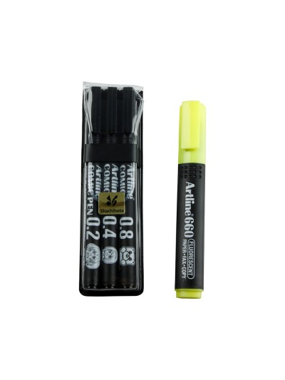 Rotulador artline comic pen calibrado micrometrico negro bolsa de 3 uds 0,2 0,4 0,8 + permanente 853