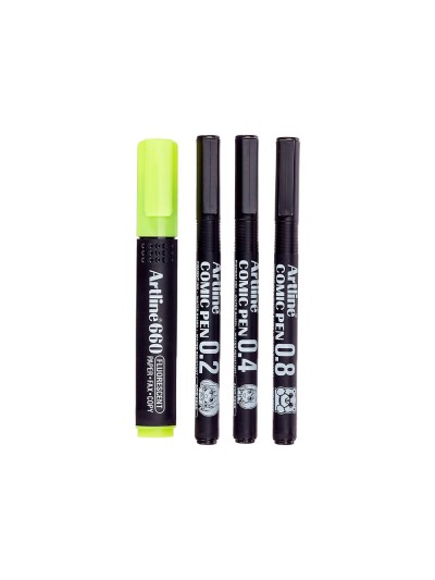 Rotulador artline comic pen calibrado micrometrico negro bolsa de 3 uds 0,2 0,4 0,8 + permanente 853