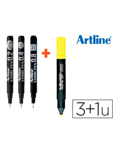 Rotulador artline comic pen calibrado micrometrico negro bolsa de 3 uds 0,2 0,4 0,8 + fluorescente 660