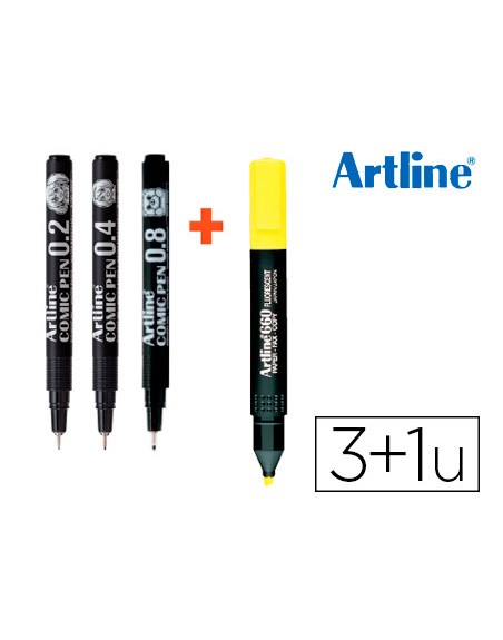 Rotulador artline comic pen calibrado micrometrico negro bolsa de 3 uds 0,2 0,4 0,8 + fluorescente 660