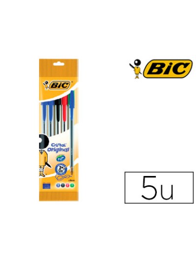 Boligrafo bic cristal original bolsa de 5 unidades colores surtidos 2 azul /1 negro /1 rojo /1 verde