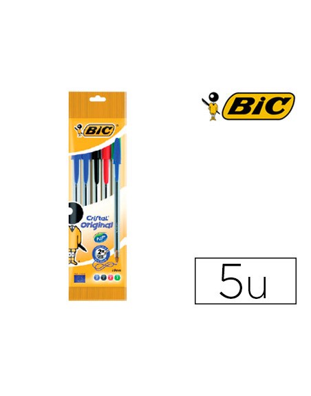 Boligrafo bic cristal original bolsa de 5 unidades colores surtidos 2 azul /1 negro /1 rojo /1 verde
