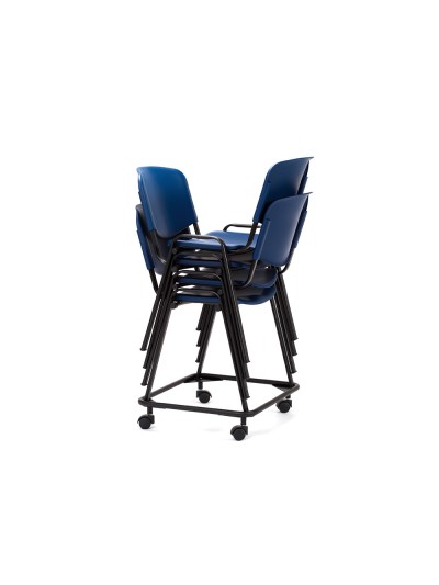 Silla rocada de oficina con brazos tapizada en tela ingnifuga y respaldo en polimero color azul