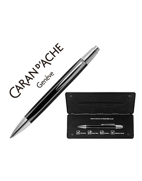 Boligrafo caran d'ache alchemix cuerpo laca negra adornos cromados brillante con estuche punta media