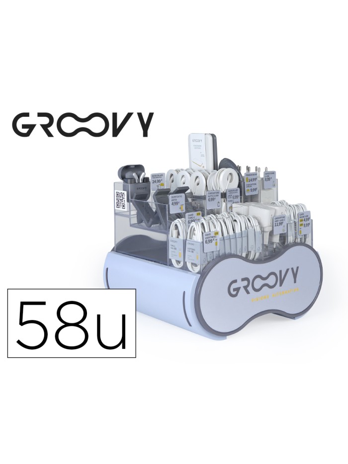 Expositor de cables cargadores y complementos de telefonia groovy contiene 58 piezas surtidas Expositor de cables cargadores y complementos de telefonia groovy contiene 58 piezas surtidas