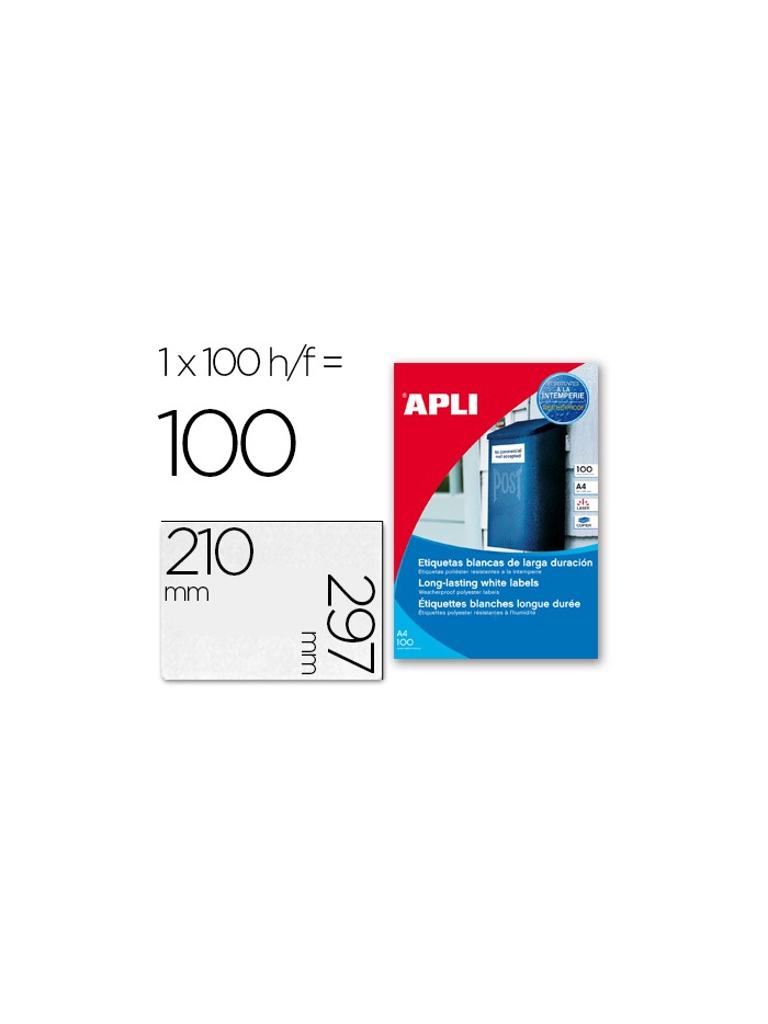 Etiquetas adhesivas apli 12121 tamaño 210x297 mm poliester resistente a la interperie impresion laser Etiquetas adhesivas apli 12121 tamaño 210x297 mm poliester resistente a la interperie impresion laser