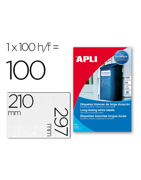Etiquetas adhesivas apli 12121 tamaño 210x297 mm poliester resistente a la interperie impresion laser