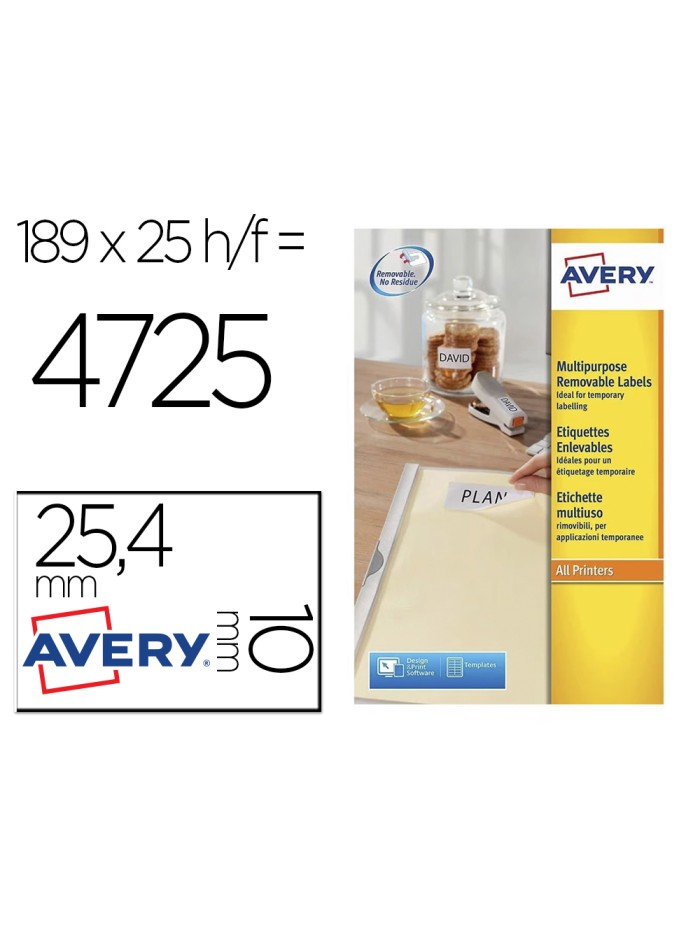 Etiqueta adhesiva avery removible tamaño 25,4x10 mm caja de 4725 unidades Etiqueta adhesiva avery removible tamaño 25,4x10 mm caja de 4725 unidades
