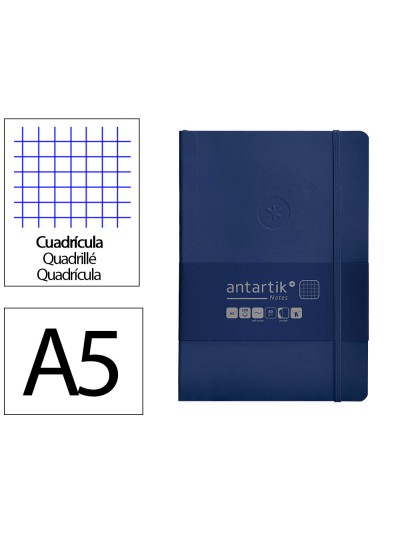 Cuaderno con gomilla antartik notes tapa blanda a5 hojas cuadricula azul marino 80 hojas 80 gr fsc