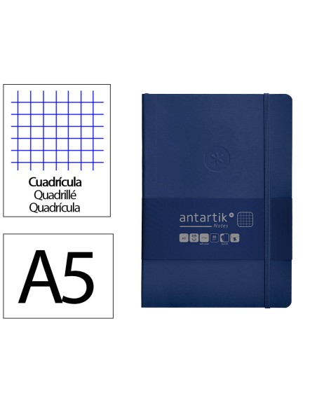 Cuaderno con gomilla antartik notes tapa blanda a5 hojas cuadricula azul marino 80 hojas 80 gr fsc