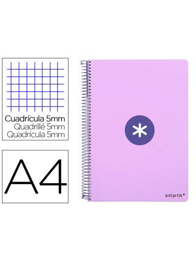Cuaderno espiral antartik a4 micro tapa dura 80h 100 gr cuadro 5 mm sin bandas 4 taladros color lavanda