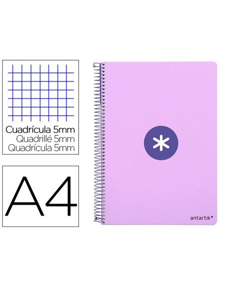 Cuaderno espiral antartik a4 micro tapa dura 80h 100 gr cuadro 5 mm sin bandas 4 taladros color lavanda