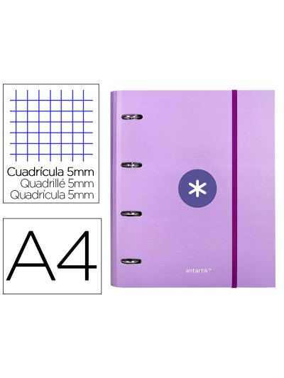 Carpeta con recambio antartik a4 cuadro 5mm forrada 4 anillas 40mm redondas con solapa color lavanda