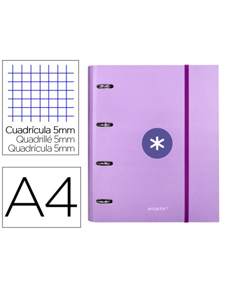 Carpeta con recambio antartik a4 cuadro 5mm forrada 4 anillas 40mm redondas con solapa color lavanda