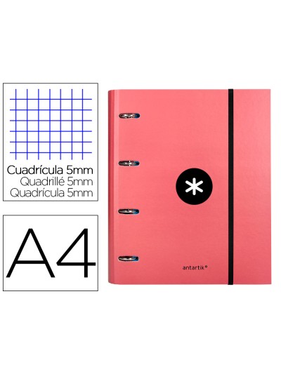 Carpeta con recambio antartik a4 cuadro 5mm forrada 4 anillas 40mm redondas con solapa color coral