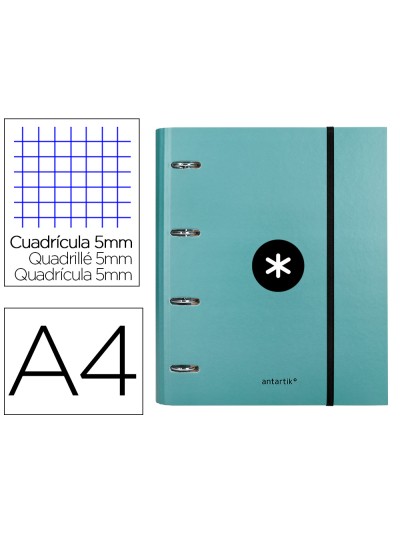 Carpeta con recambio antartik a4 cuadro 5mm forrada 4 anillas 40mm redondas con solapa color menta