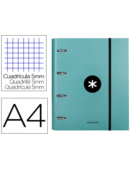 Carpeta con recambio antartik a4 cuadro 5mm forrada 4 anillas 40mm redondas con solapa color menta