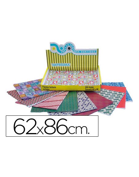 Papel de regalo impresma 62x86 cm caja de 200 hojas diseños surtidos gramaje 40g/m2