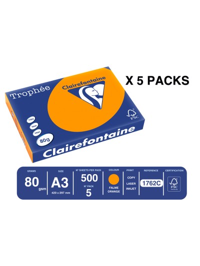 Papel color trophee a3 80gr naranja intenso paquete de 500 hojas