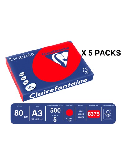 Papel color trophee a3 80gr rojo coral paquete de 500 hojas