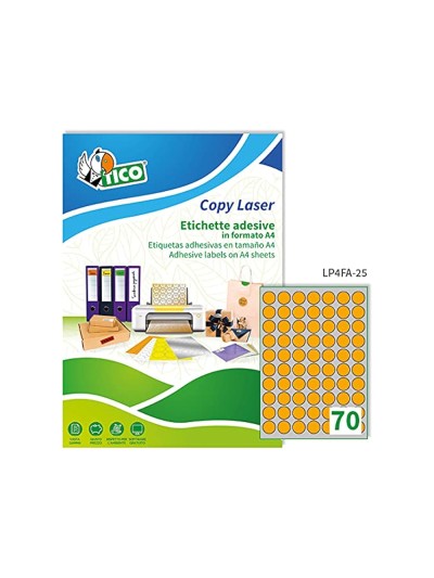 Etiqueta adhesiva tico naranja fluorescentes permanente fsc laser/inkjet/fotocopia redonda 25 mmcaja de 4900 unidades