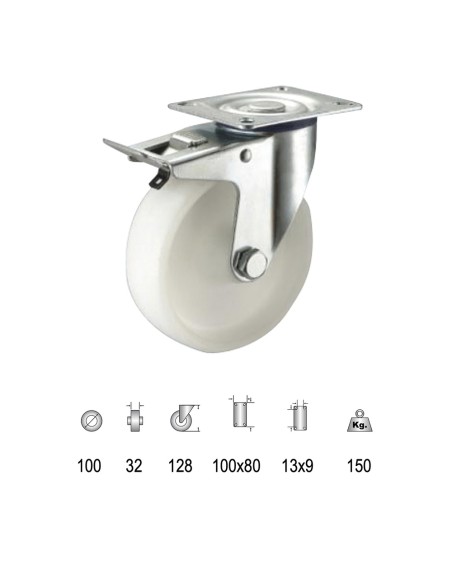 Rueda Industrial Nylon Placa con freno 100mm