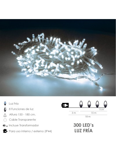 Guirnalda Luces Navidad 300 Leds Color Blanco Frio Luz Navidad Interiores y Exteriores Ip44. Cable Transparente.