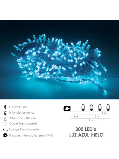 Guirnalda Luces Navidad 300 Leds Color Azul Hielo. Luz Navidad Interiores y Exteriores Ip44. Cable Transparente.
