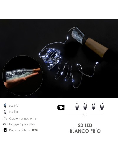 Luces Navidad Guirnalda Led con Tapon 20 Microled Blanco Frio IP20. A Pilas 3 LR44 (Si Incluidas)