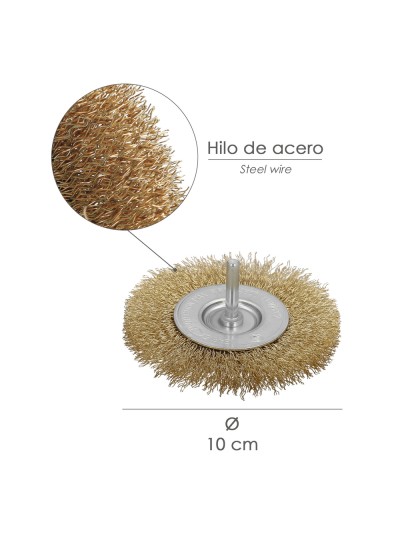 Cepillo Acero Latonado Para Taladro. Disco Ø 100 mm. Espiga 1/4" Cepillo Taladro Alambre Latón, Cepillo Limpieza, Cepillo Pulir.