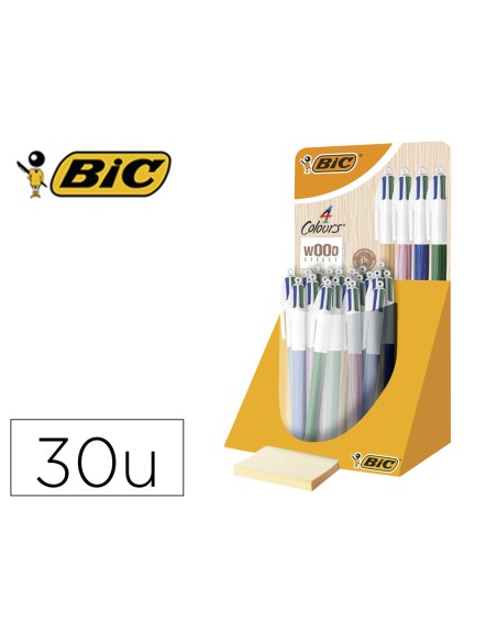 Boligrafo bic cuatro colores wood expositor de 30 unidades colores surtidos