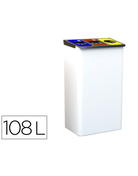 Papelera metalica sie para reciclaje con 3 departamentos 108 litros color blanco 830x500x260 mm