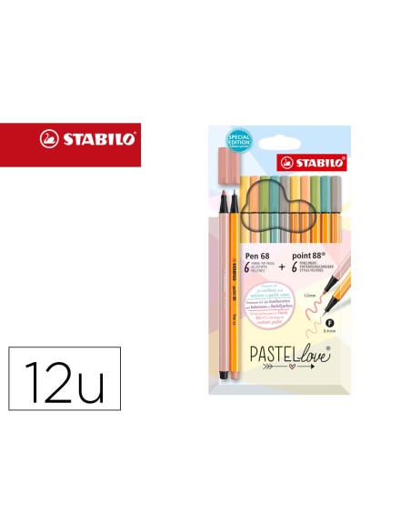 Rotulador stabilo punta de fibra point 88 + pen 68 pastel love estuche de carton de 12 colores surtidos