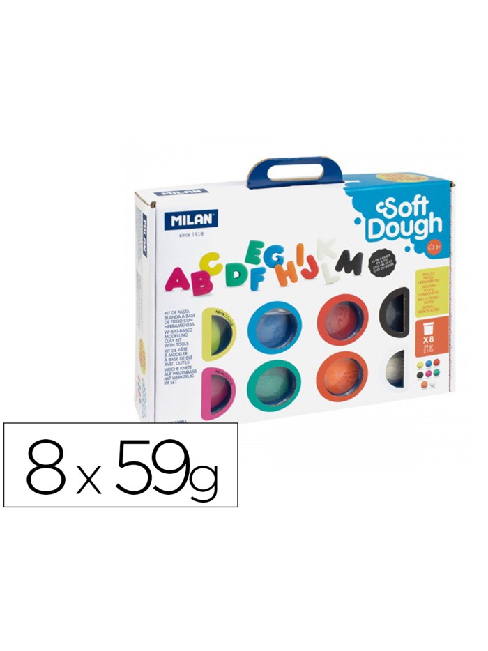 Pasta milan para modelar soft dough muchas letras con herramientas maletin con 8 botes colores surtidos 59 g Pasta milan para modelar soft dough muchas letras con herramientas maletin con 8 botes colores surtidos 59 g