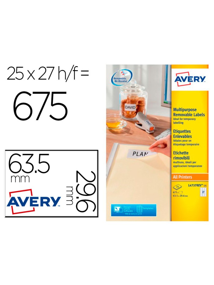 Etiqueta adhesiva avery blanca removible laser ink-jet fotocopiadora 63,5x29,6 mm caja de 675 unidades Etiqueta adhesiva avery blanca removible laser ink-jet fotocopiadora 63,5x29,6 mm caja de 675 unidades