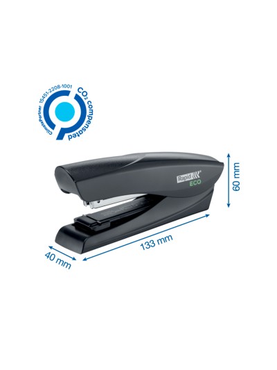 Grapadora rapid fashion eco plastico 100% reciclado capacidad 25 hojas usa grapas 24/6 y 26/6 color negro