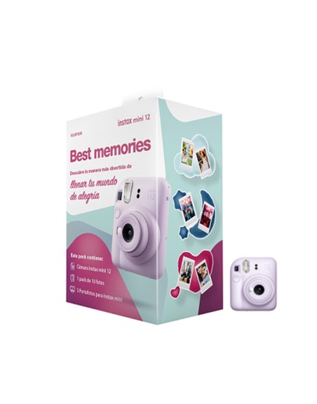 Kit camara fujifilm mini instax 12 color purpura + papel 10 fotos + 3 portara retratos