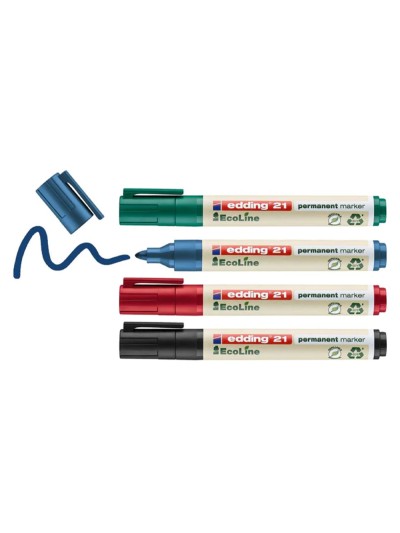 Rotulador edding 21 marcador permanente ecoline 90% reciclado bolsa 4 colores surtidos punta redonda 1,5-3