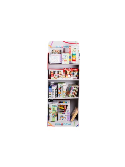 Expositor imaginovo juegos infantiles de suelo carton con 28 juegos y 22 puzles surtidos 60x163x35cm