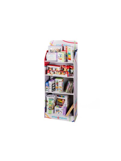 Expositor imaginovo juegos infantiles de suelo carton con 28 juegos y 22 puzles surtidos 60x163x35cm
