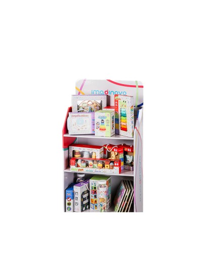 Expositor imaginovo juegos infantiles de suelo carton con 28 juegos y 22 puzles surtidos 60x163x35cm