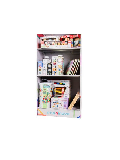 Expositor imaginovo juegos infantiles de suelo carton con 28 juegos y 22 puzles surtidos 60x163x35cm