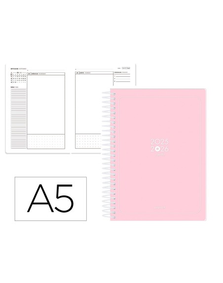 Agenda escolar antartik 25-26 espiral essentials rosa dia pagina a5 bilingüe papel fsc 80 gr