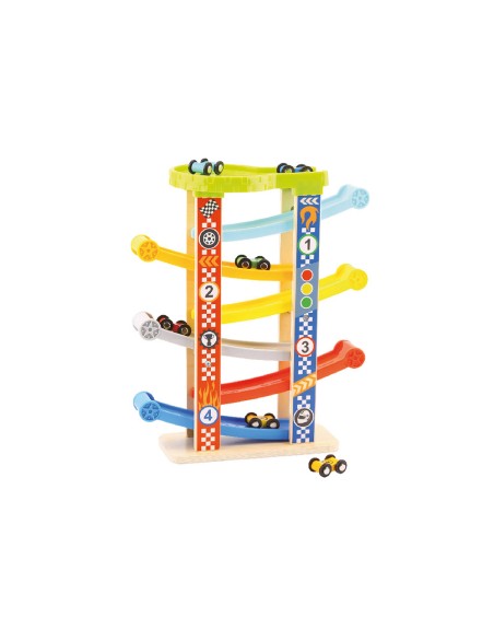 Juego infantil imaginovo madera torre de deslizamiento con 7 niveles incluye 6 coches +18 meses 38x32x14cm