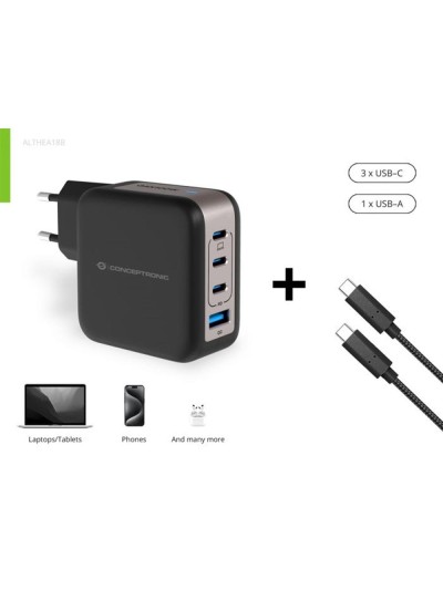 Cargador de pared conceptronic althea18b 100w 3x usb tipo c 1x usb tipo a